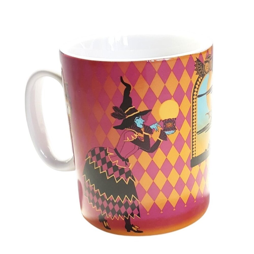 Totally Ghoul Halloween Witch Ceramic Mug Pink/Orange Harlequin Cat & Bat Design